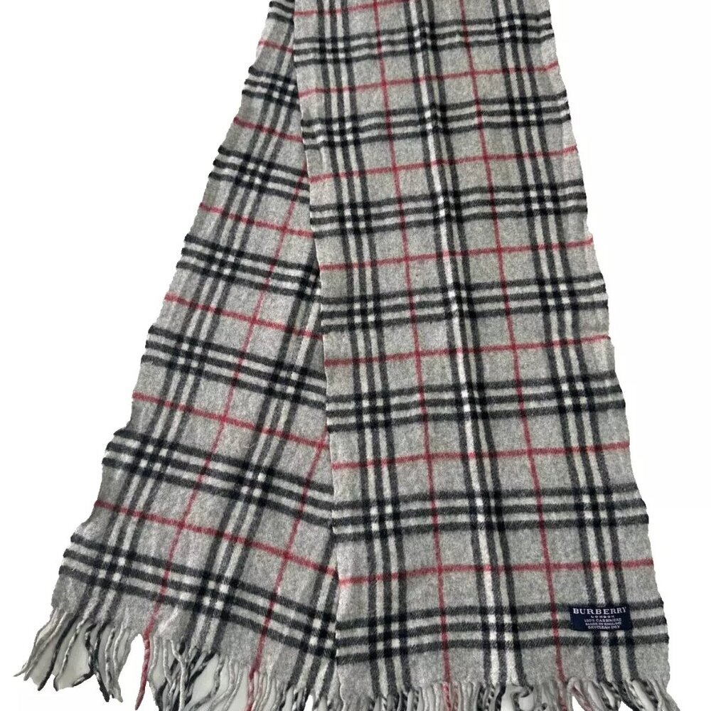 Burberry Classic Check Scarf Grey 100% Cashmere Unisex Scarf Made In En